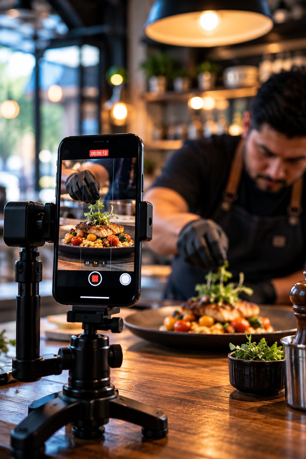 Celular en un trípode grabando a un chef mientras emplata un platillo