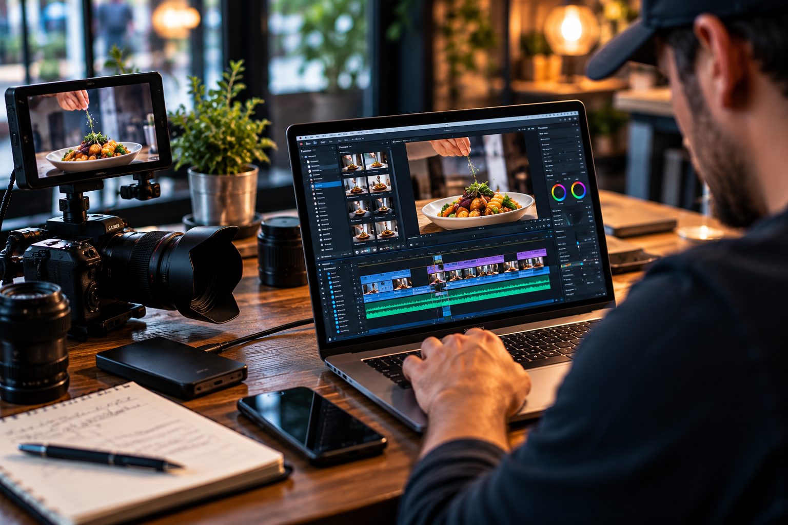 Editor de video trabajando en una laptop junto a una cámara y un monitor