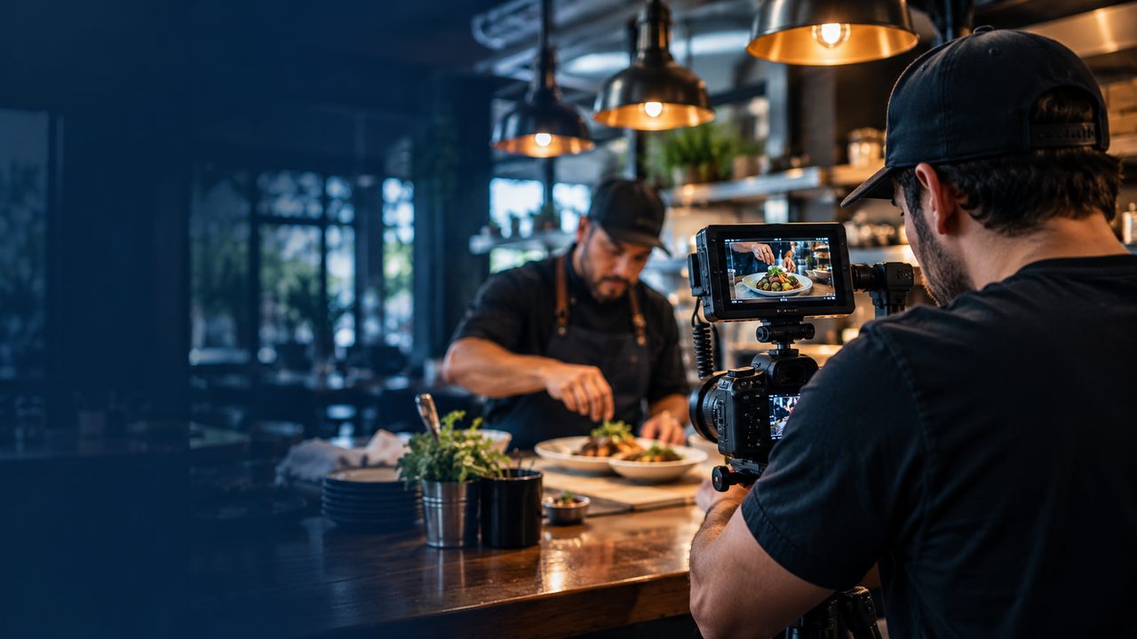 Videógrafo grabando con cámara y monitor a un chef que emplata en la cocina de un restaurante