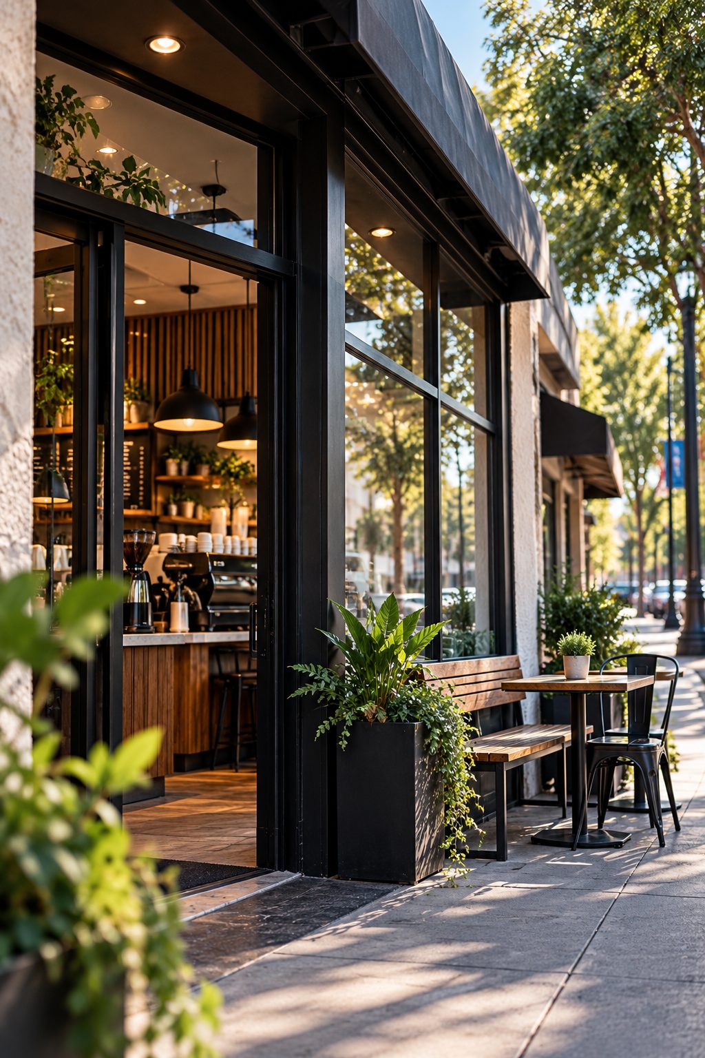Entrada de una cafetería local con mesas en la vereda y luz de tarde