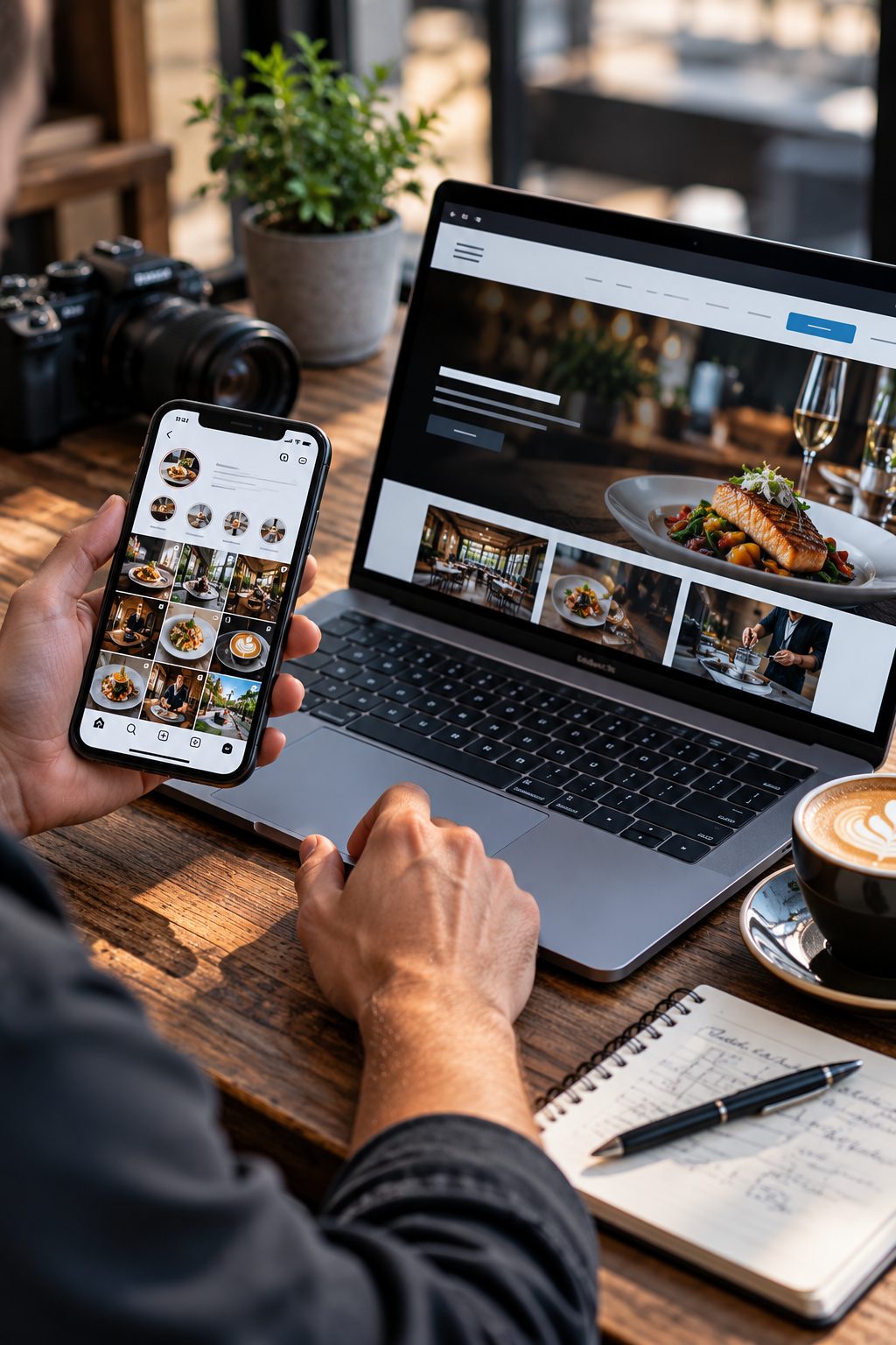 Persona revisando en laptop y celular la página web y el perfil de redes de un restaurante