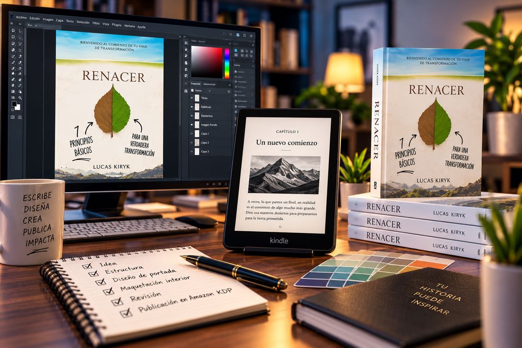 Escritorio con el diseño de una portada en pantalla, un lector electrónico y ejemplares impresos del libro