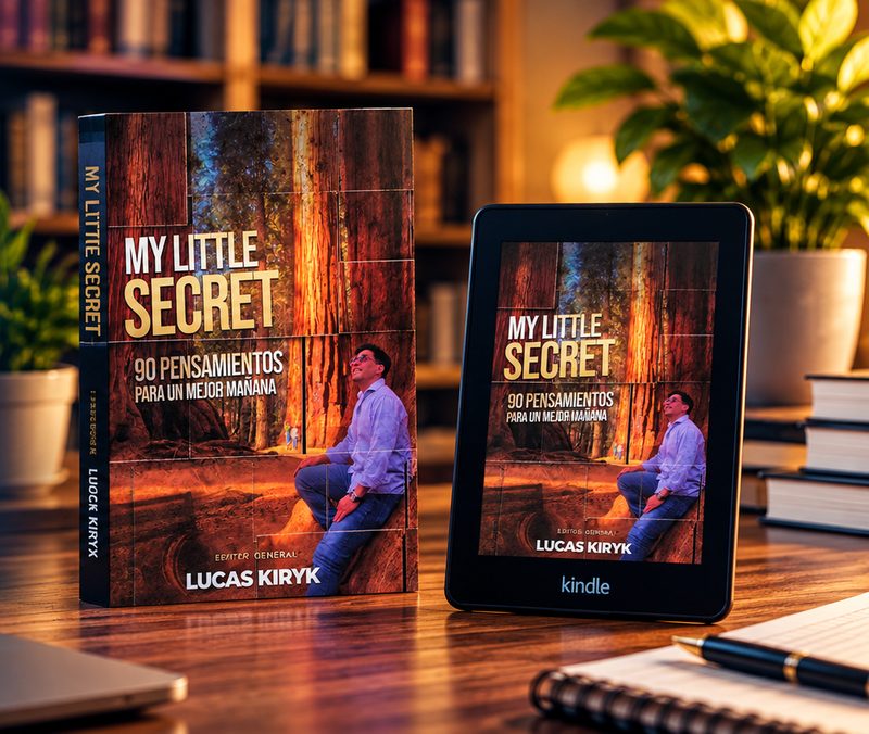 Libro impreso y versión Kindle de «My Little Secret» de Lucas Kiryk sobre un escritorio, con una biblioteca de fondo