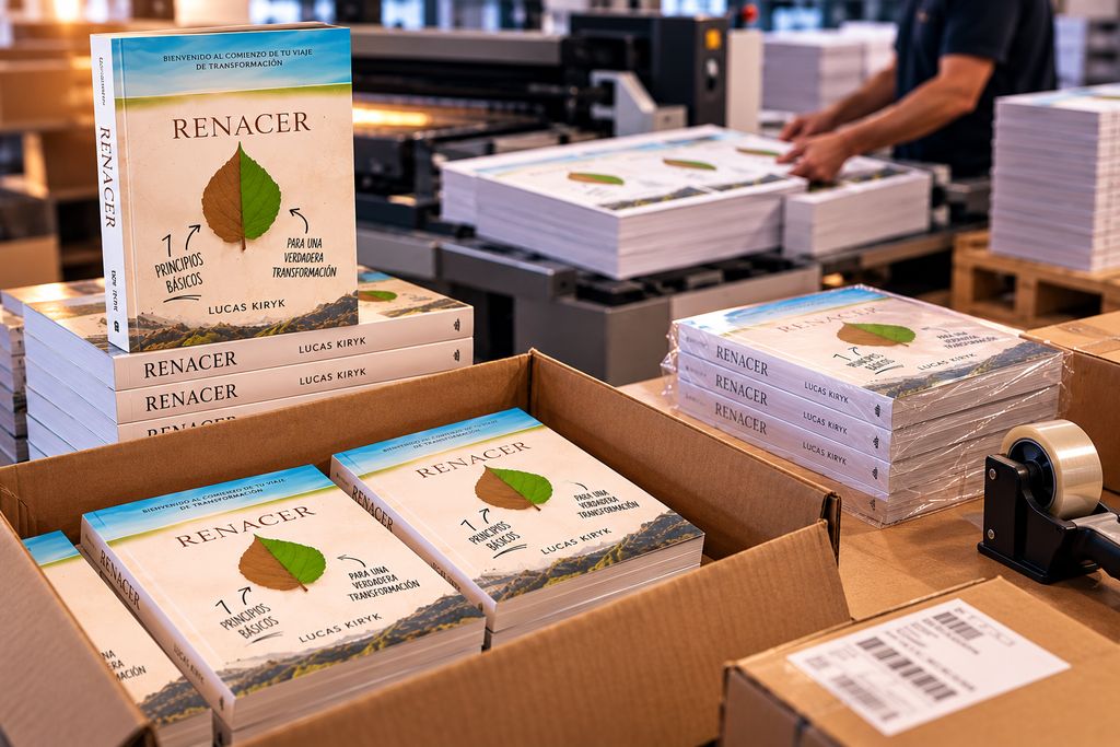 Ejemplares impresos de un libro apilados y en cajas, listos para entregar