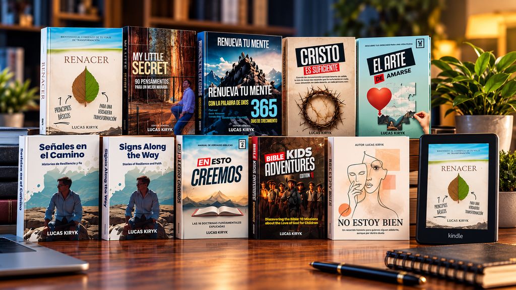Composición con libros de Lucas Kiryk: Renacer, Renueva tu mente, Cristo es suficiente, Señales en el camino, En esto creemos y otros títulos, junto a un lector electrónico