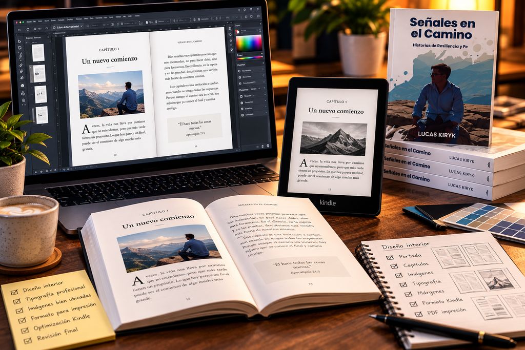 Maquetación interior de un libro: páginas abiertas en una laptop, en un lector electrónico y en un ejemplar impreso
