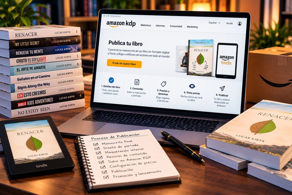 Laptop con los pasos para publicar un libro en Amazon KDP, junto a libros impresos y un lector electrónico